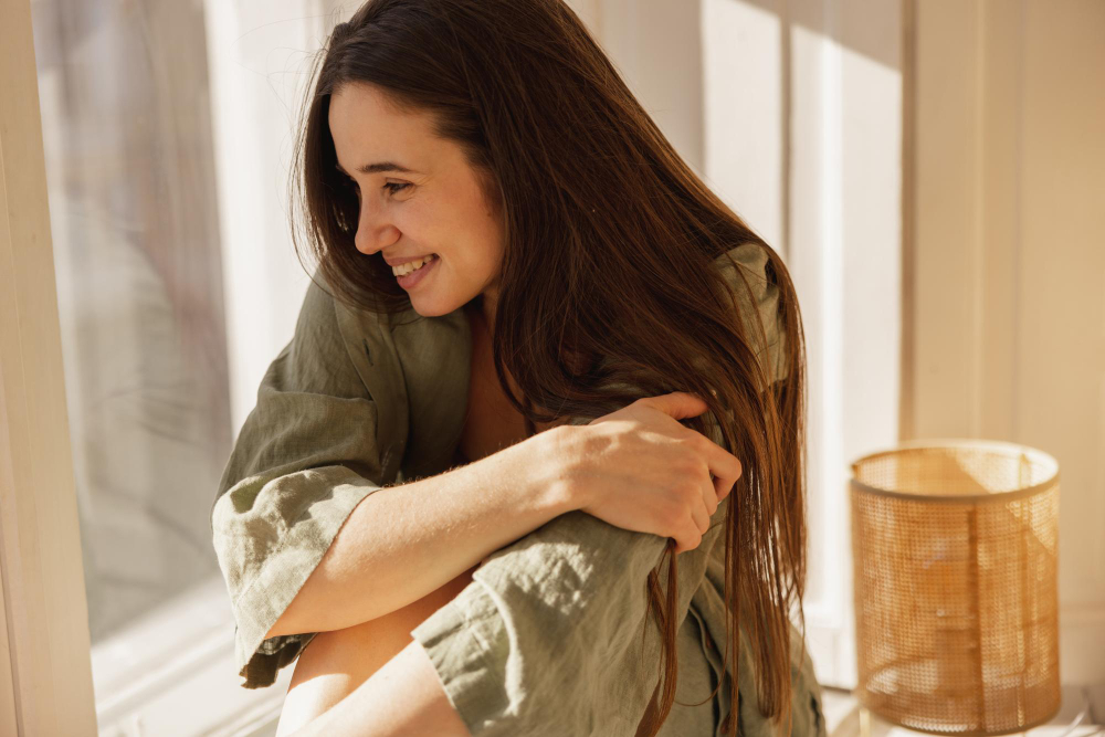 Mujer sonriendo y disfrutando su momento a sola